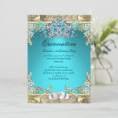 Quinceanera Aqua Teal Gold 15th Birthday Party Invitation (Standing Front)