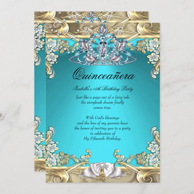 Quinceanera Aqua Teal Gold 15th Birthday Party Invitation (Front/Back)
