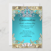 Quinceanera Aqua Teal Gold 15th Birthday Party Invitation (Front)