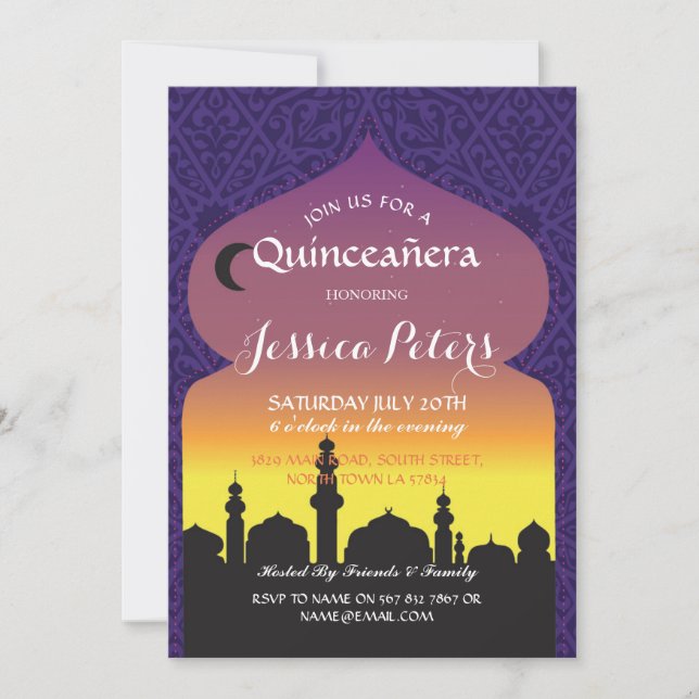 Quinceañera Arabian Nights Birthday Purple Invite (Front)