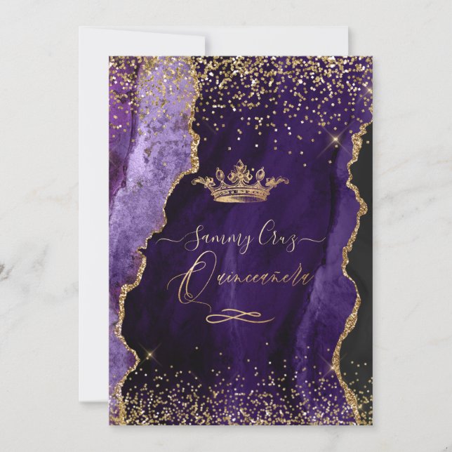Quinceanera Aubergine Purple Agate Gold Glitter Invitation (Front)