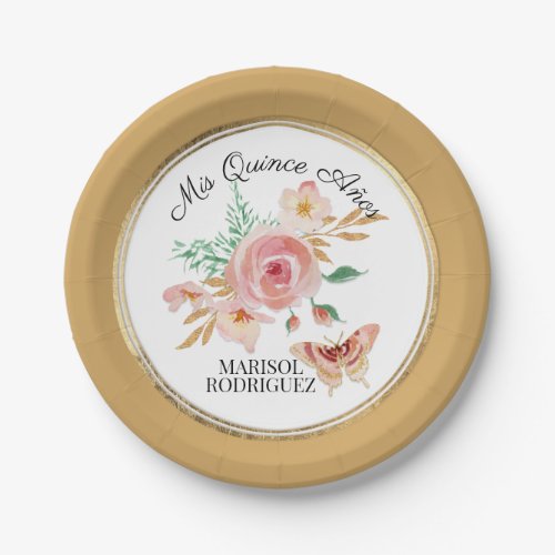 Quinceanera Autumn Fall Gold Pink Butterfly Floral Paper Plates