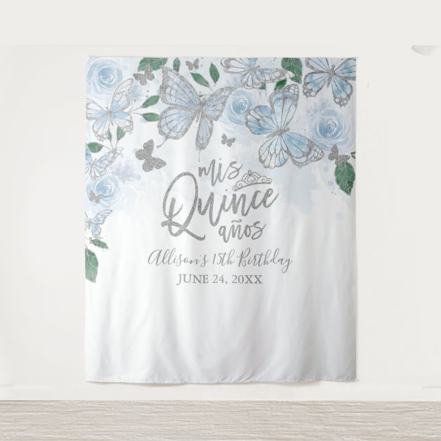 Quinceanera Baby Blue Butterflies Floral Backdrop (Front)