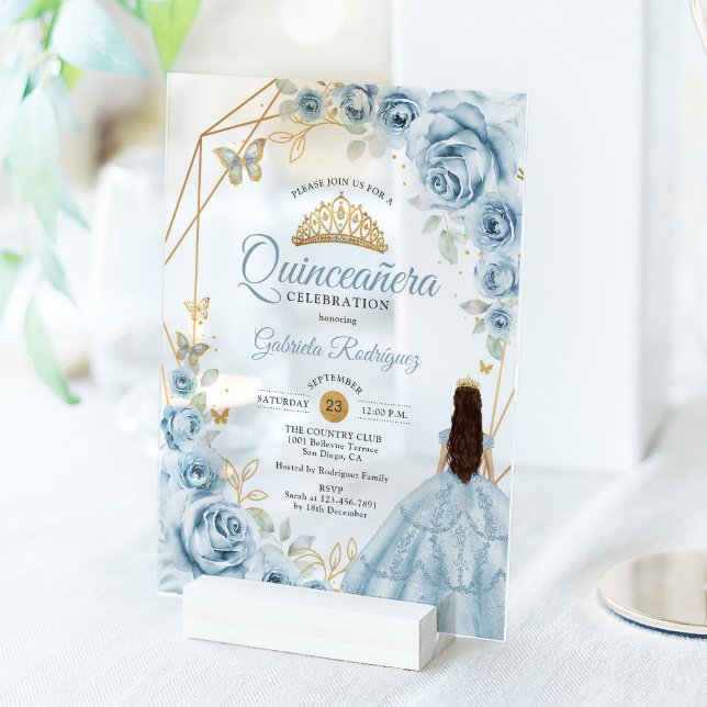 Quinceanera Baby Blue Dress Floral Gold Acrylic Invitations (Creator Uploaded)