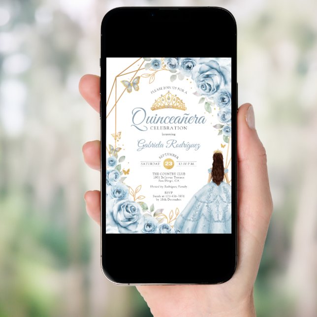Quinceanera Baby Blue Dress Floral Gold Invitation (Front Digital)