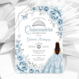 Quinceanera Baby Blue Dress Silver Floral Invitation