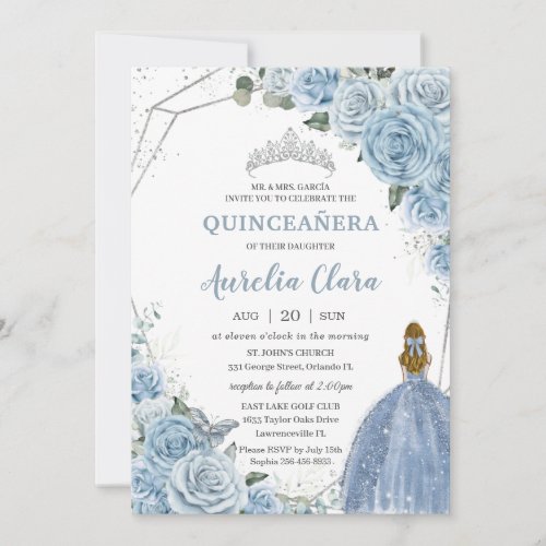 Quinceaera Baby Blue Floral Blonde Princess 15 16 Invitation