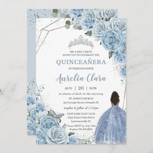 Quinceaera Baby Blue Floral Brown Princess 15th Invitation