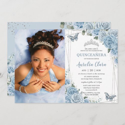 Quinceaera Baby Blue Floral Butterflies 16th Invitation