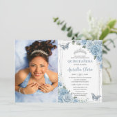 Quinceañera Baby Blue Floral Butterflies 16th Invitation (Standing Front)