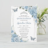 Quinceañera Baby Blue Floral Butterflies 16th  Invitation (Standing Front)