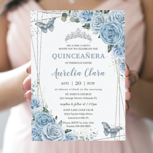 Quinceaera Baby Blue Floral Butterflies 16th  Invitation