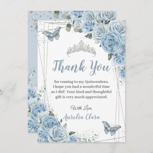 Quinceaera Baby Blue Floral Butterflies Sweet 16 Thank You Card