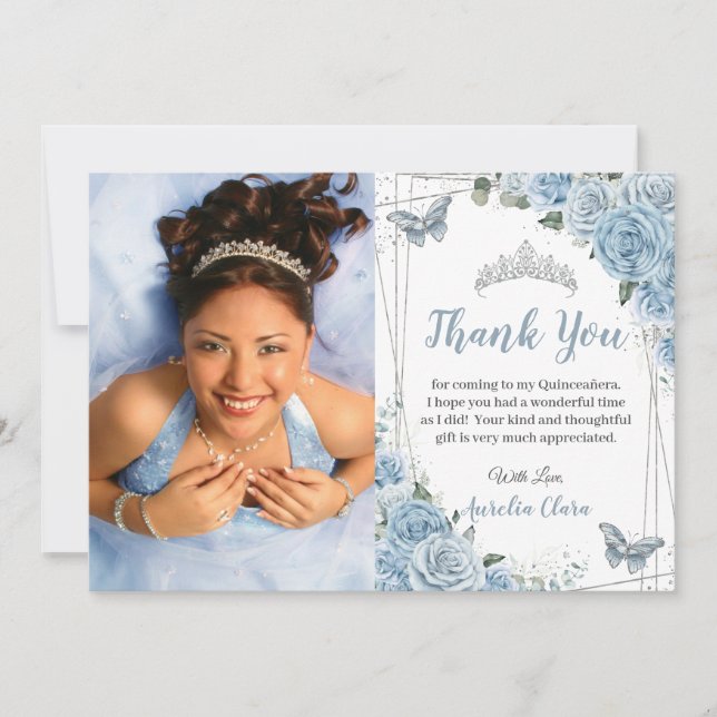 Quinceañera Baby Blue Floral Butterfly Photo 16th  Thank You Card (Front)