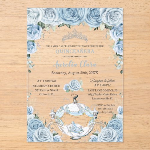 Quinceañera Baby Blue Floral Cinderella Coach Acrylic Invitations