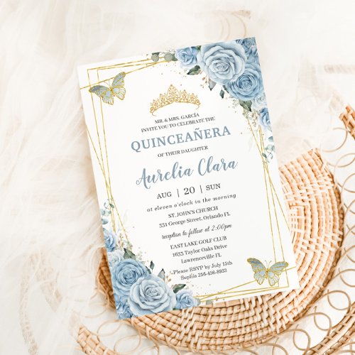 Quinceaera Baby Blue Floral Gold Butterflies 16th Invitation