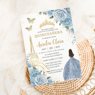 Quinceañera Baby Blue Floral Paris Eiffel France Invitation