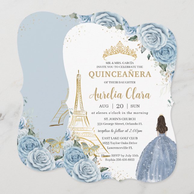 Quinceañera Baby Blue Floral Paris Gold Crown  Invitation (Front/Back)