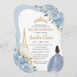 Quinceañera Baby Blue Floral Paris Gold Crown  Invitation