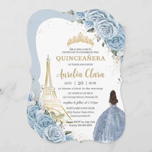 Quinceaera Baby Blue Floral Paris Gold Crown  Invitation