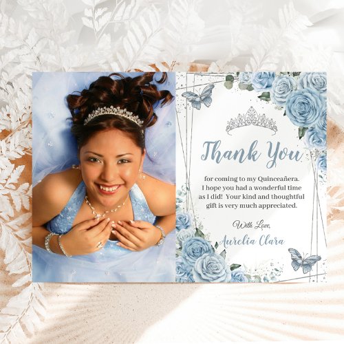 Quinceaera Baby Blue Floral Photo Thank You Card