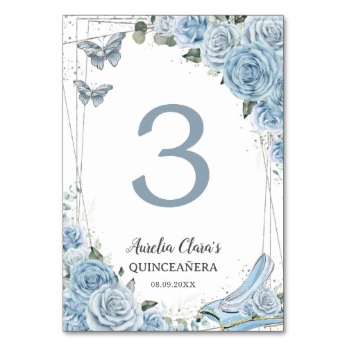 Quinceaera Baby Blue Floral Princess Cinderella Table Number