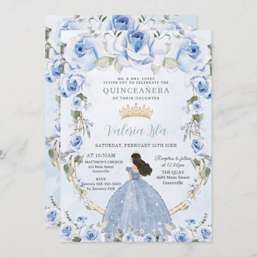 Quinceaera Baby Blue Floral Princess Dress Gold Invitation