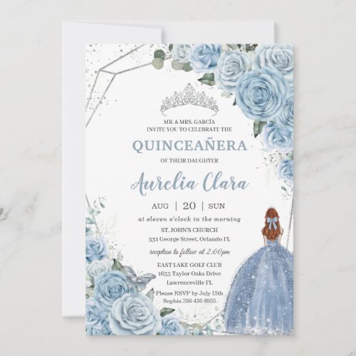 Quinceaera Baby Blue Floral Red Hair Princess 15 Invitation