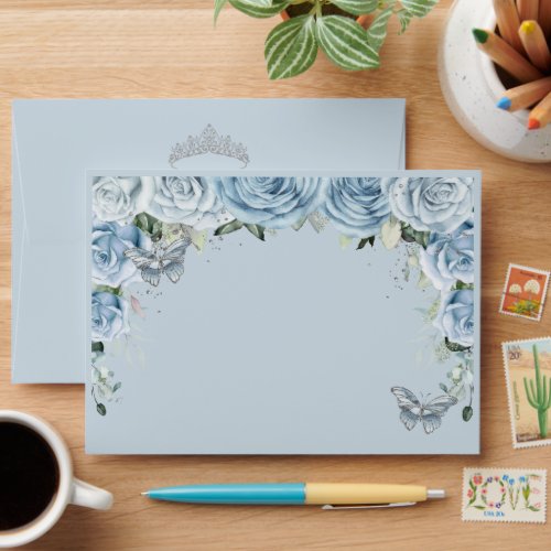 Quinceaera Baby Blue Floral Silver Butterflies Envelope