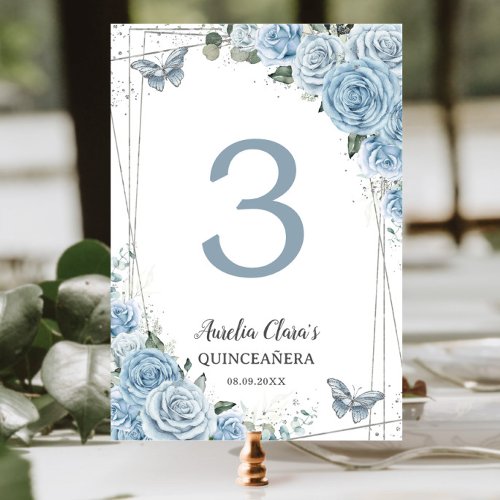Quinceaera Baby Blue Floral Silver Butterflies Table Number