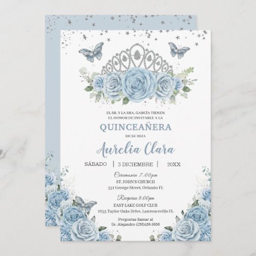Quinceaera Baby Blue Floral Silver Crown Espaol Invitation