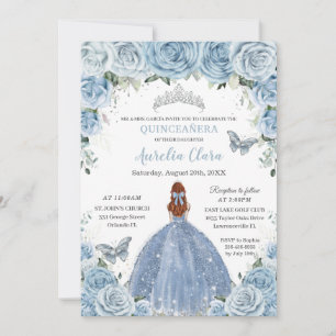 Quinceañera Baby Blue Floral Silver Red Hair Girl Invitation