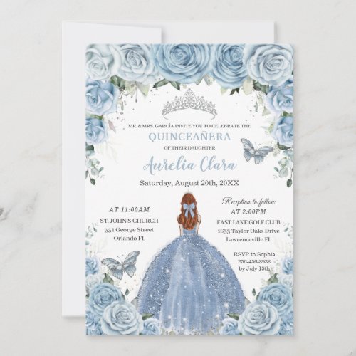 Quinceaera Baby Blue Floral Silver Red Hair Girl Invitation