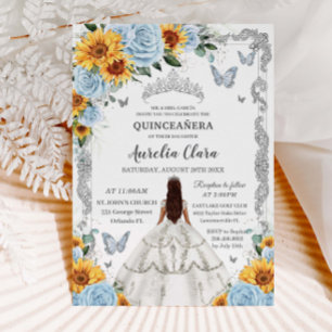 Quinceañera Baby Blue Floral Sunflowers Silver Invitation