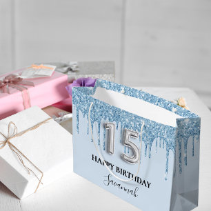 Quinceanera baby blue glitter drips name large gift bag