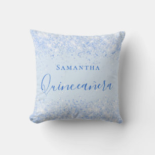 Quinceanera baby blue glitter dust name throw pillow