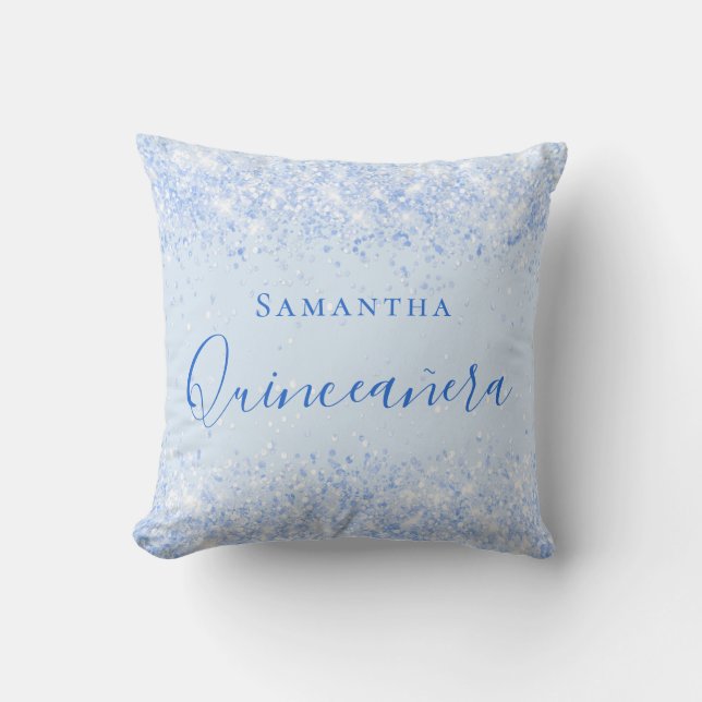 Quinceanera baby blue glitter dust name throw pillow (Front)