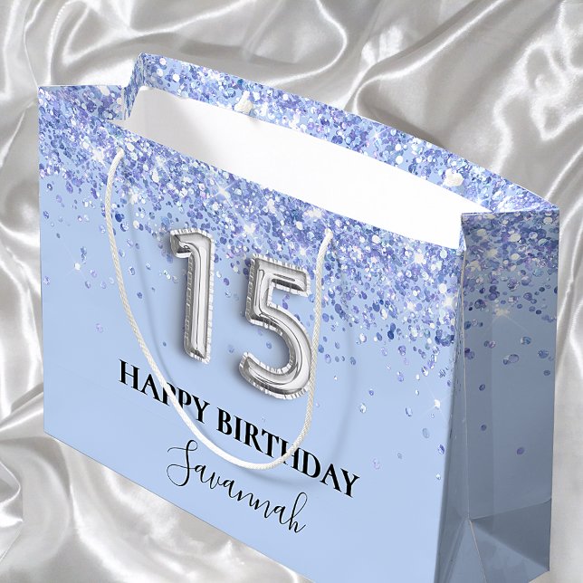 Quinceanera baby blue glitter name large gift bag (Creator Uploaded)