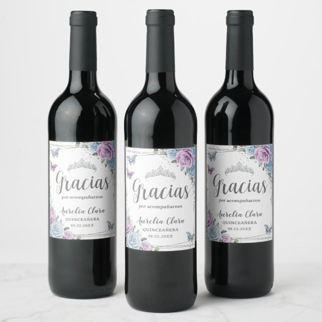 Quinceañera Baby Blue Lilac Floral Butterflies Wine Label (Bottles)
