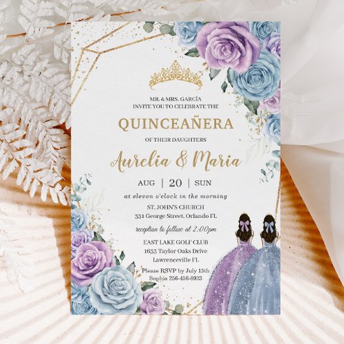 Quinceaera Baby Blue Lilac Purple Floral Twins  Invitation