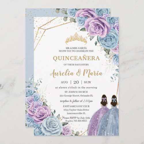 Quinceaera Baby Blue Lilac Purple Floral Twins  Invitation