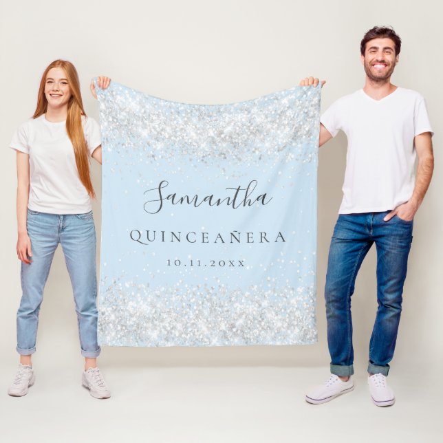 Quinceanera baby blue name silver glitter dust fleece blanket (In Situ)