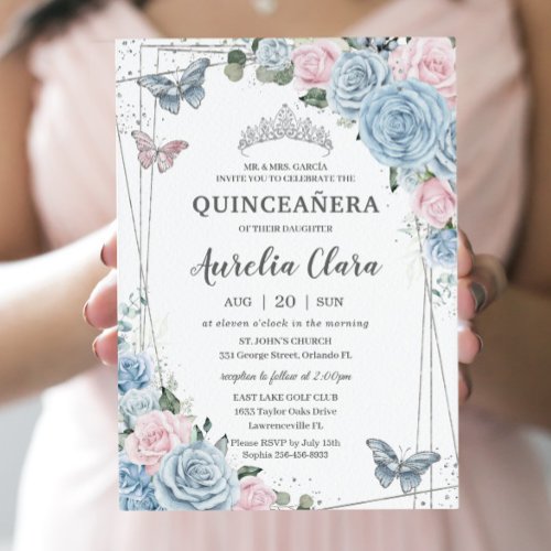 Quinceaera Baby Blue Pale Pink Floral Butterflies Invitation