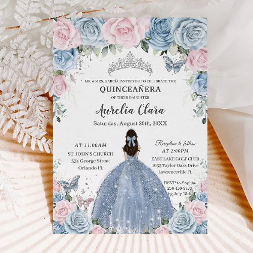 Quinceaera Baby Blue Pink Floral Princess Dress Invitation