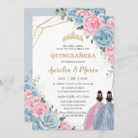 Quinceañera Baby Blue Pink Floral Roses Twins Invitation