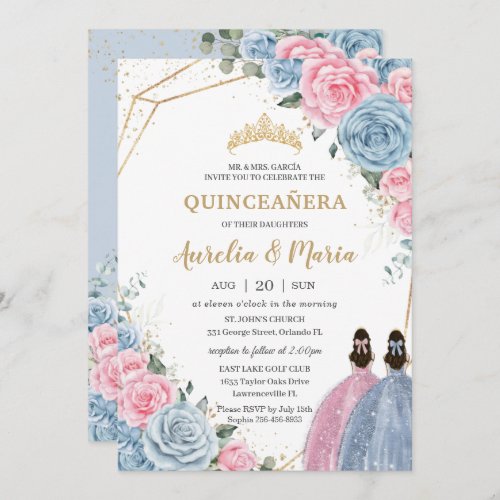 Quinceaera Baby Blue Pink Floral Roses Twins Invitation