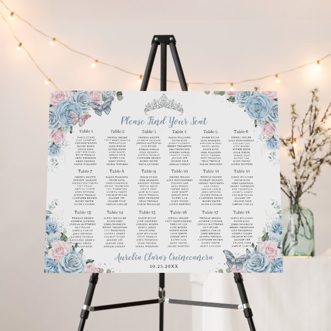 Quinceañera Baby Blue Pink Floral Seating Chart Foam Board (In Situ (Stand))