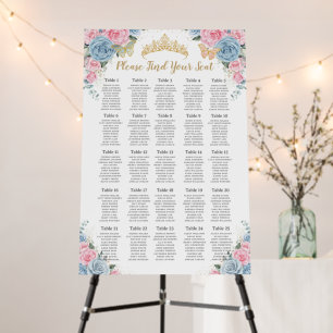 Quinceañera Baby Blue Pink Floral Seating Chart Foam Board