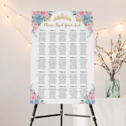 Quinceaera Baby Blue Pink Floral Seating Chart Foam Board