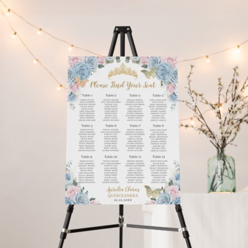 Quinceaera Baby Blue Pink Floral Seating Chart Foam Board